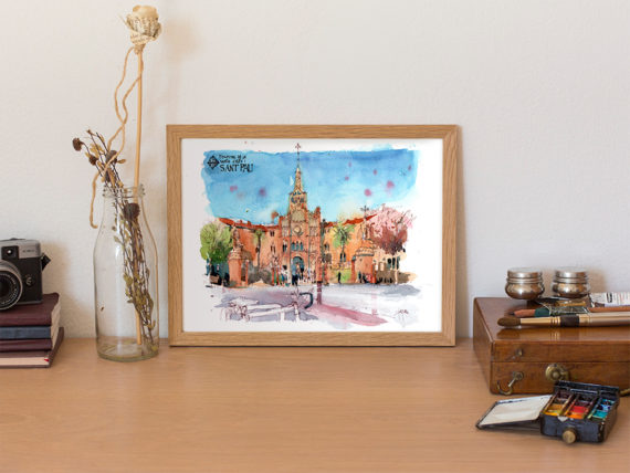 hospital-sant-pau-Bike-barcelona-Original-watercolor