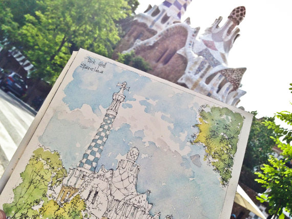 Park-Guell-Pavello-Gaudi-watercolor-print-drawing-Barcelona-p Park-Guell-Pavello-Gaudi-watercolor-print-drawing-Barcelona-p