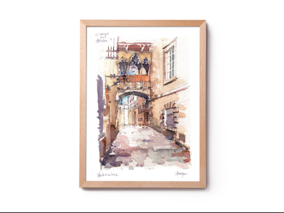Carrer-del-Bisbe-watercolor-print-drawing-Barcelona Carrer-del-Bisbe-watercolor-print-drawing-Barcelona