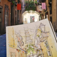 Carrer-de-la-Volta-El-Born-watercolor-print-drawing-Barcelona Carrer-de-la-Volta-El-Born-watercolor-print-drawing-Barcelona