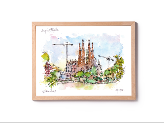 Sagrada-Familia-Landscape-watercolor-print-Gaudi-drawing-Barcelona Sagrada-Familia-Landscape-watercolor-print-Gaudi-drawing-Barcelona