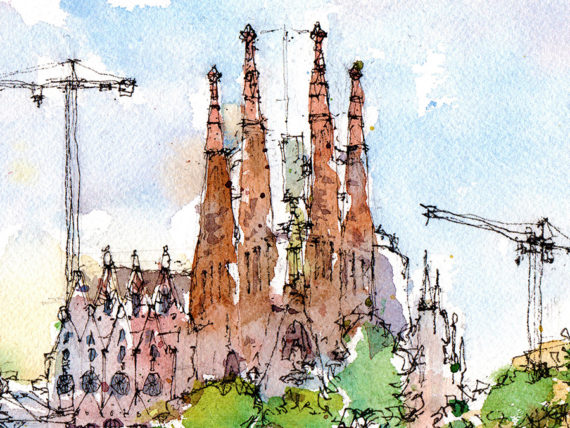 Sagrada-Familia-Landscape-watercolor-print-Gaudi-drawing-Barcelona Sagrada-Familia-Landscape-watercolor-print-Gaudi-drawing-Barcelona
