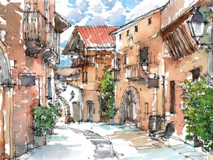 Poble-Espanyol-watercolor-print-drawing-Barcelona-d