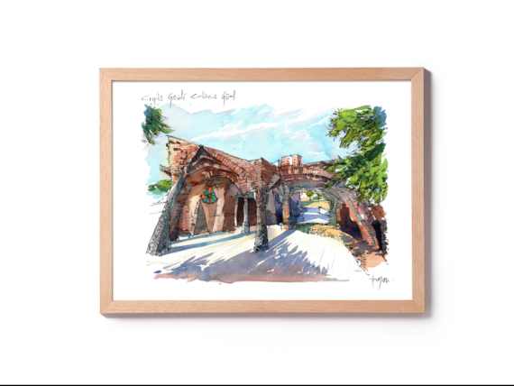 Colonia-Guell-Gaudi-drawing-Barcelona-watercolor-print