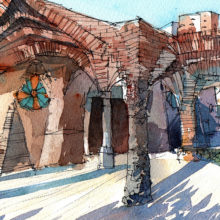 Colonia-Guell-Gaudi-drawing-Barcelona-watercolor-print