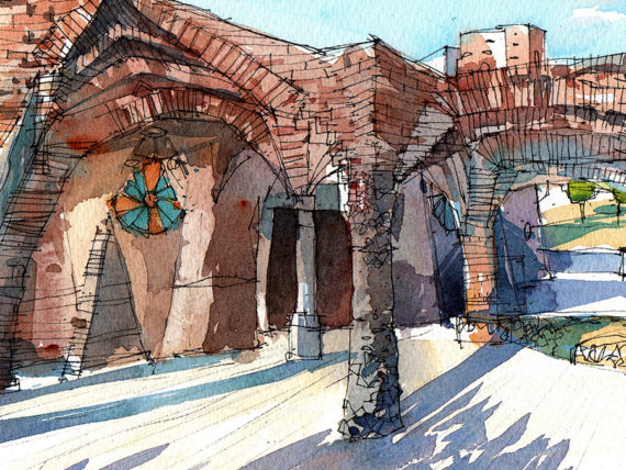 Colonia-Guell-Gaudi-drawing-Barcelona-watercolor-print
