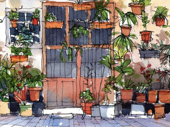 Carrer-Allada-Vermell-drawing-Barcelona-watercolor-print Carrer-Allada-Vermell-drawing-Barcelona-watercolor-print
