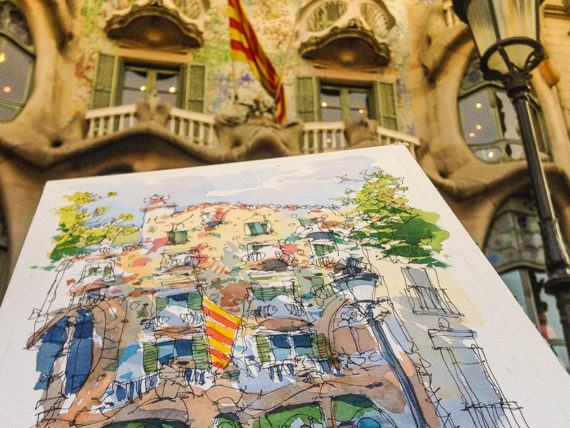 Casa-Batllo-drawing-Barcelona-watercolor-print Casa-Batllo-drawing-Barcelona-watercolor-print