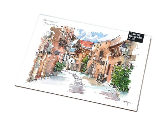 Poble-Espanyol-watercolor-print-drawing-Barcelona-d Poble-Espanyol-watercolor-print-drawing-Barcelona-d