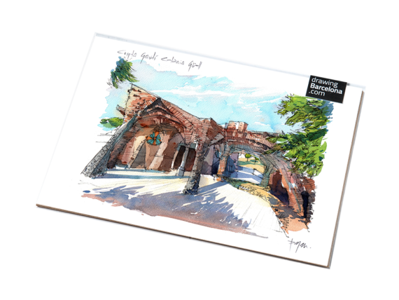 Colonia-Guell-Gaudi-drawing-Barcelona-watercolor-print