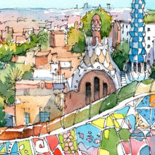 Park-Guell-Trencadis-antoni-gaudi-barcelona-watercolor