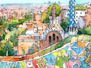 Park-Guell-Trencadis-antoni-gaudi-barcelona-watercolor