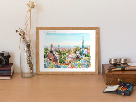 Park-Guell-Trencadis-antoni-gaudi-barcelona-watercolor