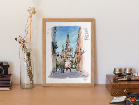 catedral-sant-jordi-original-watercolor-print-drawing-barcelona catedral-sant-jordi-original-watercolor-print-drawing-barcelona
