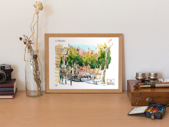 Barceloneta-pl-poeta-bosca-original-watercolor-print Barceloneta-pl-poeta-bosca-original-watercolor-print