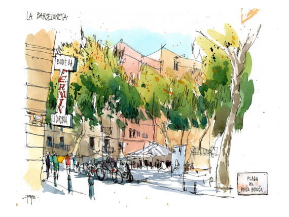 Barceloneta-pl-poeta-bosca-original-watercolor-print Barceloneta-pl-poeta-bosca-original-watercolor-print