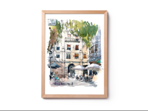 plaça-de-narcis-oller-del-barri-de-gràcia-original-watercolor-print-drawing-barcelona