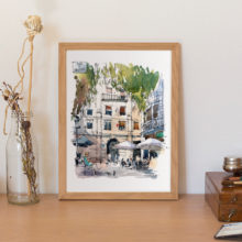 plaça-de-narcis-oller-del-barri-de-gràcia-original-watercolor-print-drawing-barcelona plaça-de-narcis-oller-del-barri-de-gràcia-original-watercolor-print-drawing-barcelona