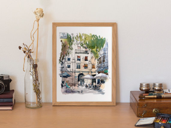 plaça-de-narcis-oller-del-barri-de-gràcia-original-watercolor-print-drawing-barcelona plaça-de-narcis-oller-del-barri-de-gràcia-original-watercolor-print-drawing-barcelona