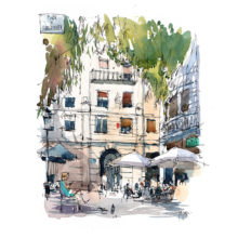 plaça-de-narcis-oller-del-barri-de-gràcia-original-watercolor-print-drawing-barcelona plaça-de-narcis-oller-del-barri-de-gràcia-original-watercolor-print-drawing-barcelona