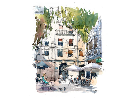 plaça-de-narcis-oller-del-barri-de-gràcia-original-watercolor-print-drawing-barcelona plaça-de-narcis-oller-del-barri-de-gràcia-original-watercolor-print-drawing-barcelona