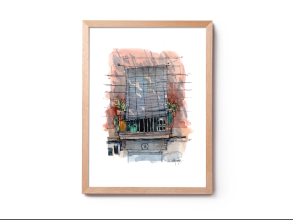 san-agusti-vell-balcony-born-original-watercolor-print-drawing-barcelona san-agusti-vell-balcony-born-original-watercolor-print-drawing-barcelona