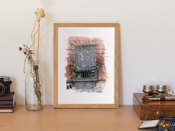 san-agusti-vell-balcony-born-original-watercolor-print-drawing-barcelona san-agusti-vell-balcony-born-original-watercolor-print-drawing-barcelona