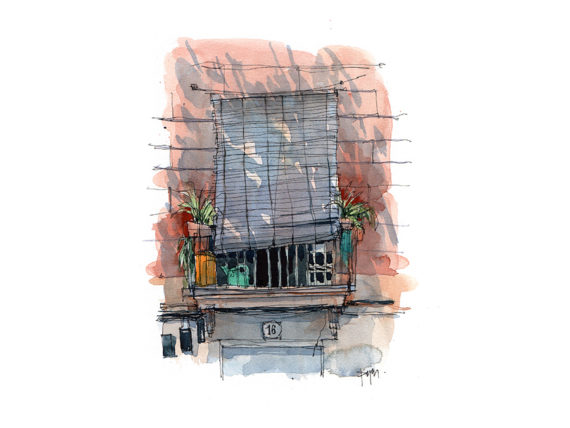 san-agusti-vell-balcony-born-original-watercolor-print-drawing-barcelona san-agusti-vell-balcony-born-original-watercolor-print-drawing-barcelona