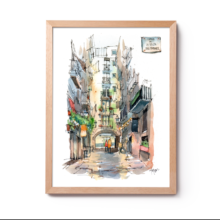 carrer-de-la-volta-dels-tamorets-pluja-original-drawing-barcelona