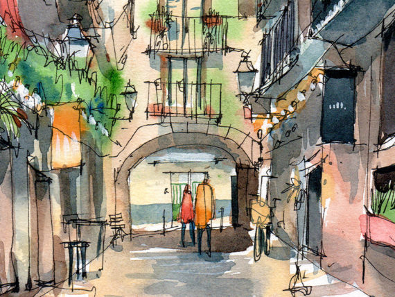 carrer-de-la-volta-dels-tamorets-pluja-original-drawing-barcelona