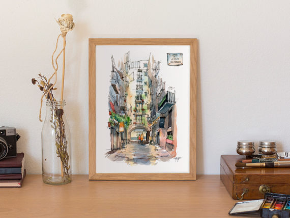 carrer-de-la-volta-dels-tamorets-pluja-original-drawing-barcelona
