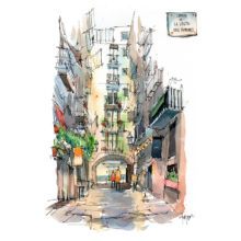 carrer-de-la-volta-dels-tamorets-pluja-original-drawing-barcelona