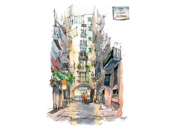 carrer-de-la-volta-dels-tamorets-pluja-original-drawing-barcelona